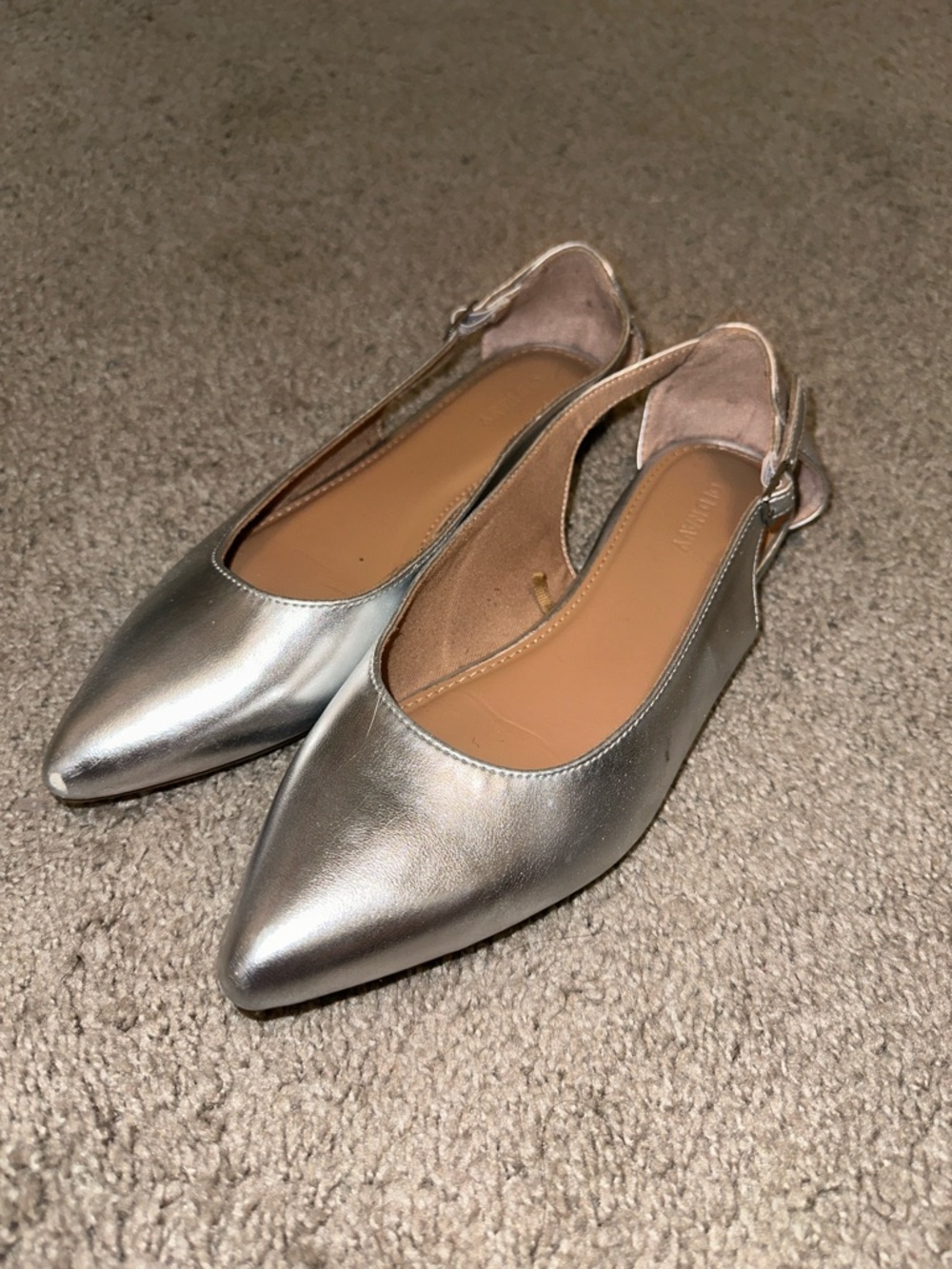 Silver Pointed Toe Slingback Flats
